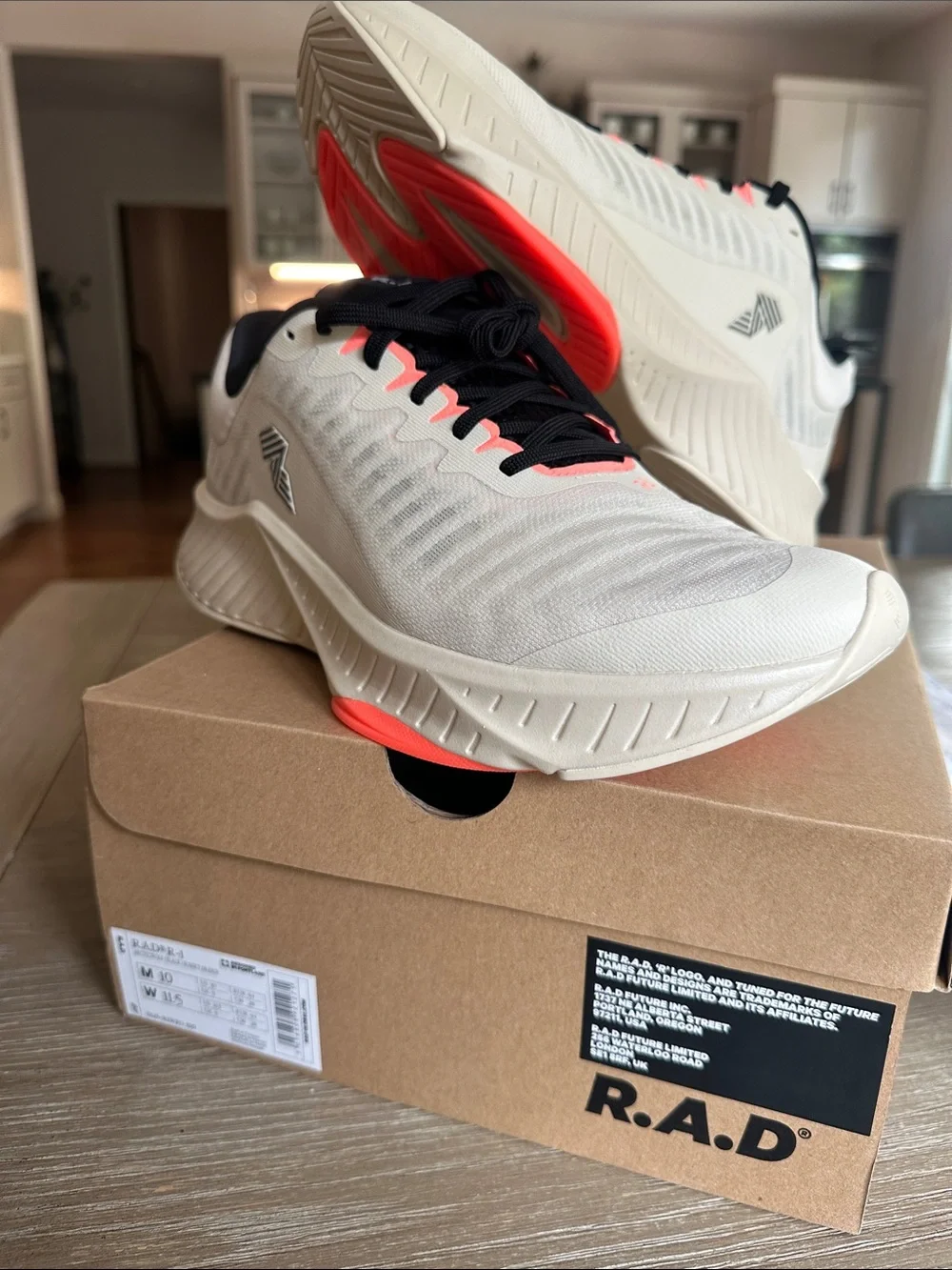 New in box RAD R-1 Neutral Beige Running Shoes with Neon Coral Accents - Picture 1 of 7
